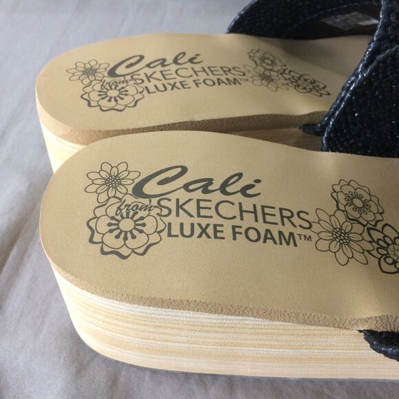 Cali By Skechers Luxe Foam Wedge Slide Sandals Black Raffia Size 11 New - Picture 5 of 8